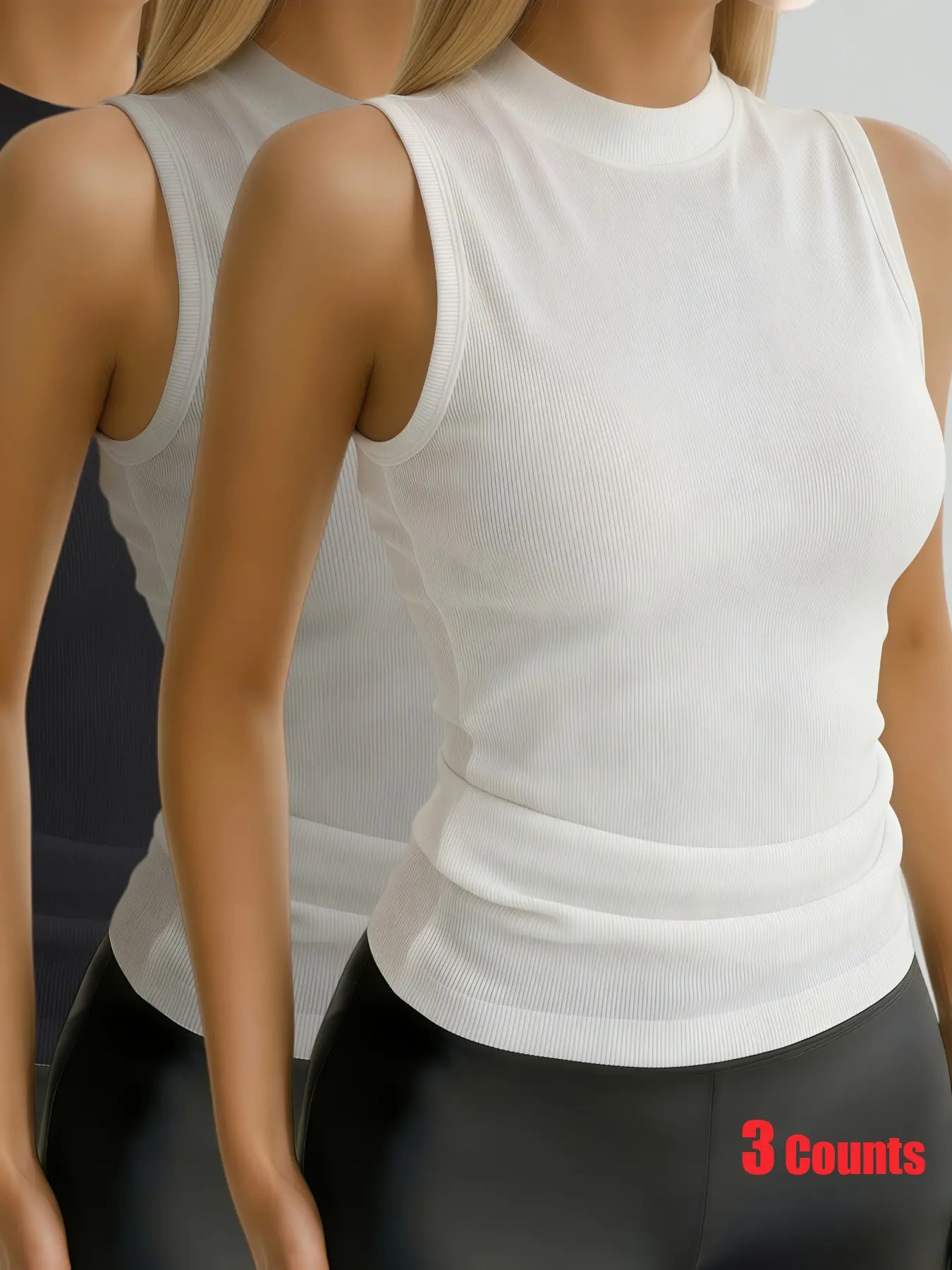 Women's 3-Pack Slimming Ribbed Mock Neck Workout Camis, Dry Fit Stretch Solid Moisture-Wick Breathable Sleeveless Sports Tops, Stretchy Basic Layering Tees Ideal for Jogging, Training & All Outdoor Sports