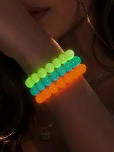 3pcs Y2K Rainbow Beaded Luminous Bracelet Set, Women's Candy-Colored Stretch Bangles, Boho Style, Stackable Summer Beach Accessories, Aesthetic Jewelry