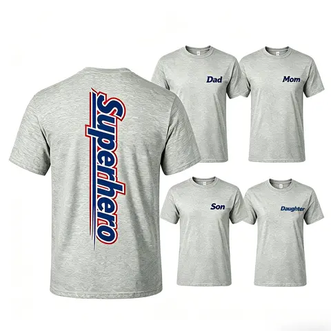 Double Sided Superhero Family Graphic T-Shirt | Viral Matching Style Casual Tee for Dad Mom Son Daughter -suitable for every member of your family | Perfect for Family Photos, Vacations & Daily Wear