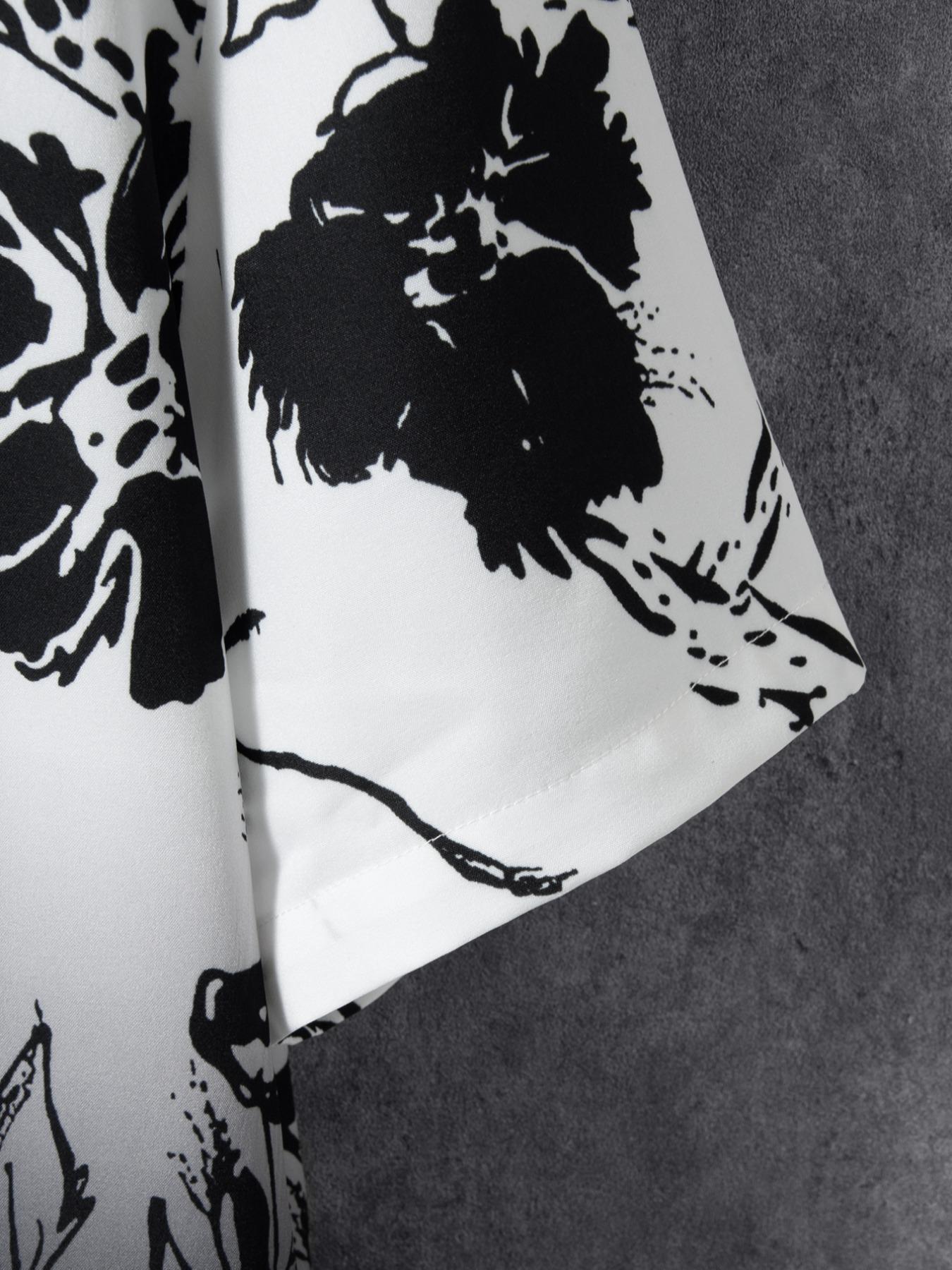 Men's Summer Clothes, Ombre Floral Print Button Front Shirt, Regular Fit Casual Soft Comfy Short Sleeve Mock Neck Top for Summer, Men's Clothes for Daily Wear