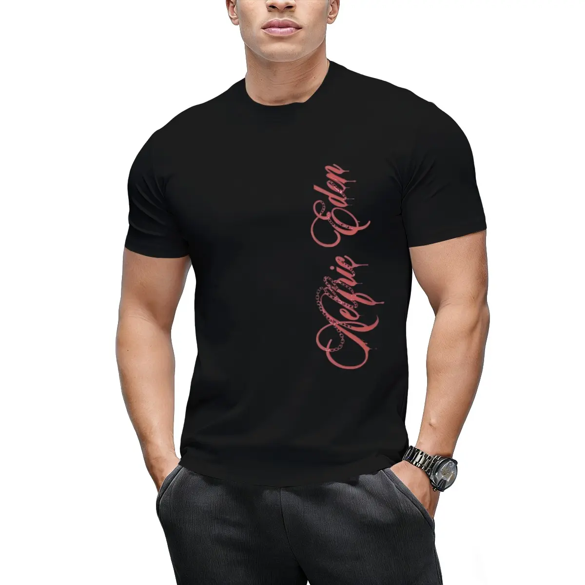 Vertical Cursive Red Script Letter Graphic T-Shirt Minimal Elegant Text Unisex Casual Streetwear Tee
