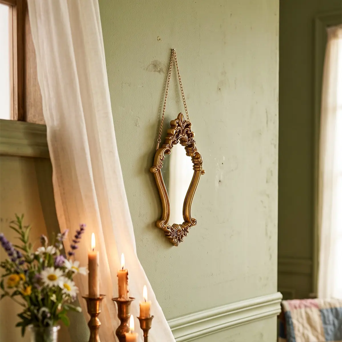 European Classical Rococo Carved Mirror, Resin Hand-Painted Wall-Mounted Makeup Mirror, Bathroom Decor, Home Decoration Gift