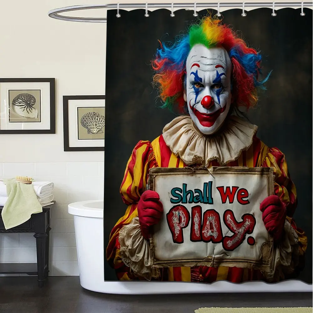 2D Printed Shower Curtain (1-Pack) – "Clown Guide" Design – Includes 12 Hooks – No-Drill Installation – Bathroom Partition Curtain – Suitable for Bathroom Decor – 71 x 71 Inches