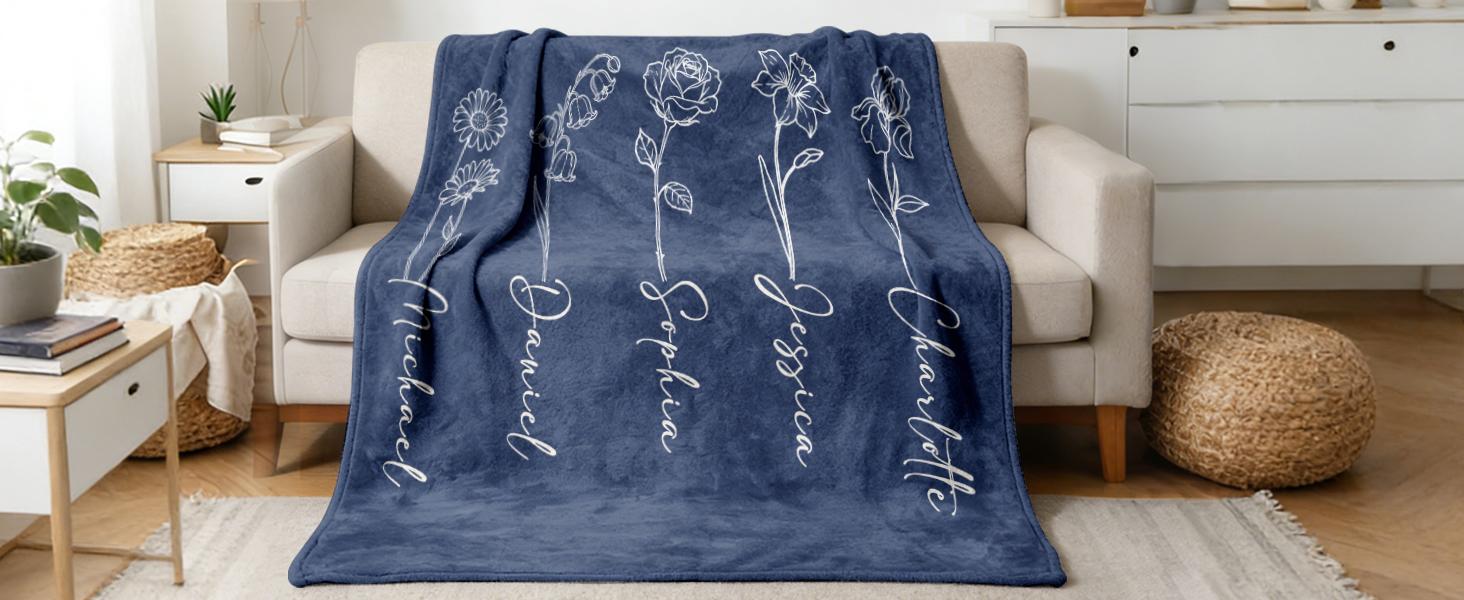 Gifts for Mom, Mothers Day Blanket Gifts, Custom Blanket with Name and Birth Month Flowers, Personalized Birthday Gifts for Mom Grandma from Son Daughter