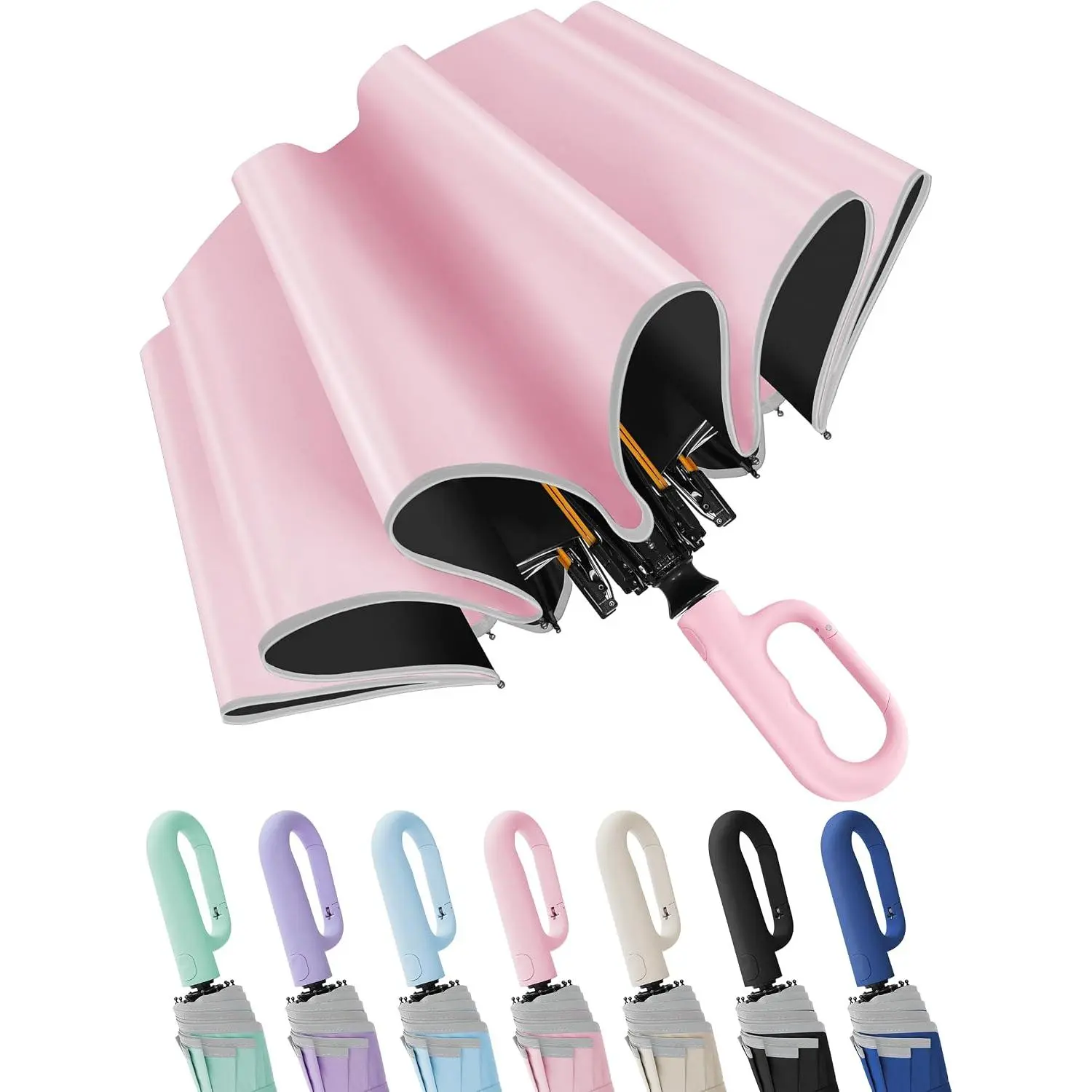 Travel Umbrella with Carabiner Handle, Windproof Large Umbrellas for Rain with Dual-Rib Structure, Portable Compact Umbrella with Reflective Strip, Car Backpack UV Umbrellas for Sun Protection