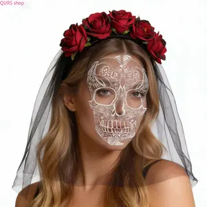 Halloween Floral Headband With Red Roses, Black Sheer Veil And Skull Mesh Mask, Gothic Witch Costume Hair Accessory For Cosplay, Trick Or Treat Parties And Day Of The Dead Themed Events