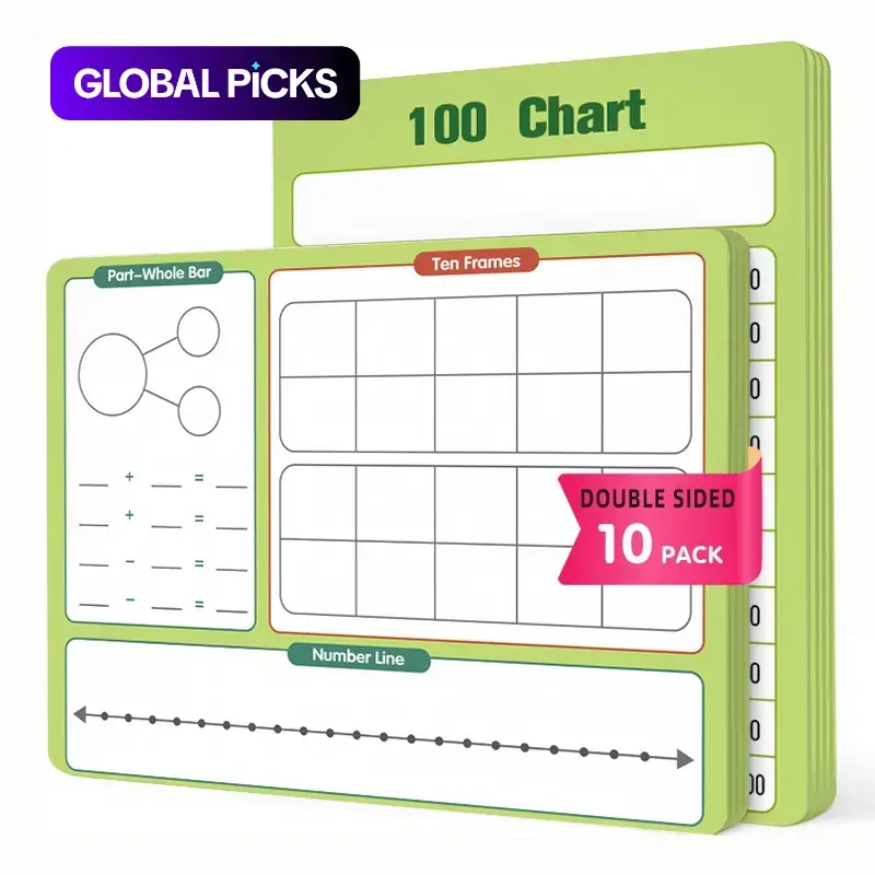 10-Piece Reusable Double-Sided Math Whiteboard Set, Number Recognition and Addition and Subtraction Practice Boards with 100 Chart, Ten Frames, Part-Whole Bar, and Number Line for Kids, Home and Classroom Use #GLOBAL PICKS