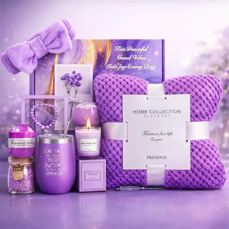 Birthday Gifts for Women Gift Basket, Lavender Spa Gift Set with Cozy Flannel Blanket, Self Care Care Package Gift Box for Her, Mom, Wife, Sister, Best Friend, Girlfriend (Purple)