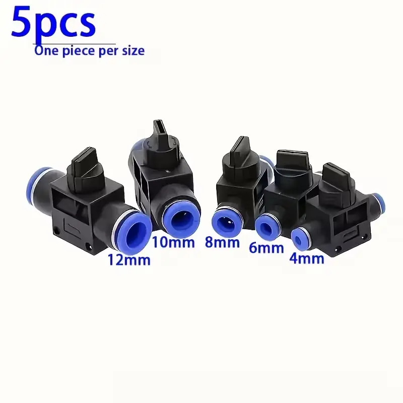 Industrial Grade 5-Piece Pneumatic Control Ball Valve Set, compatible with multi-spec tubing of 4/6/8/10/12mm. Equipped with upgraded easy quick-connect fittings and standard European threads.Low wear,  long service life.