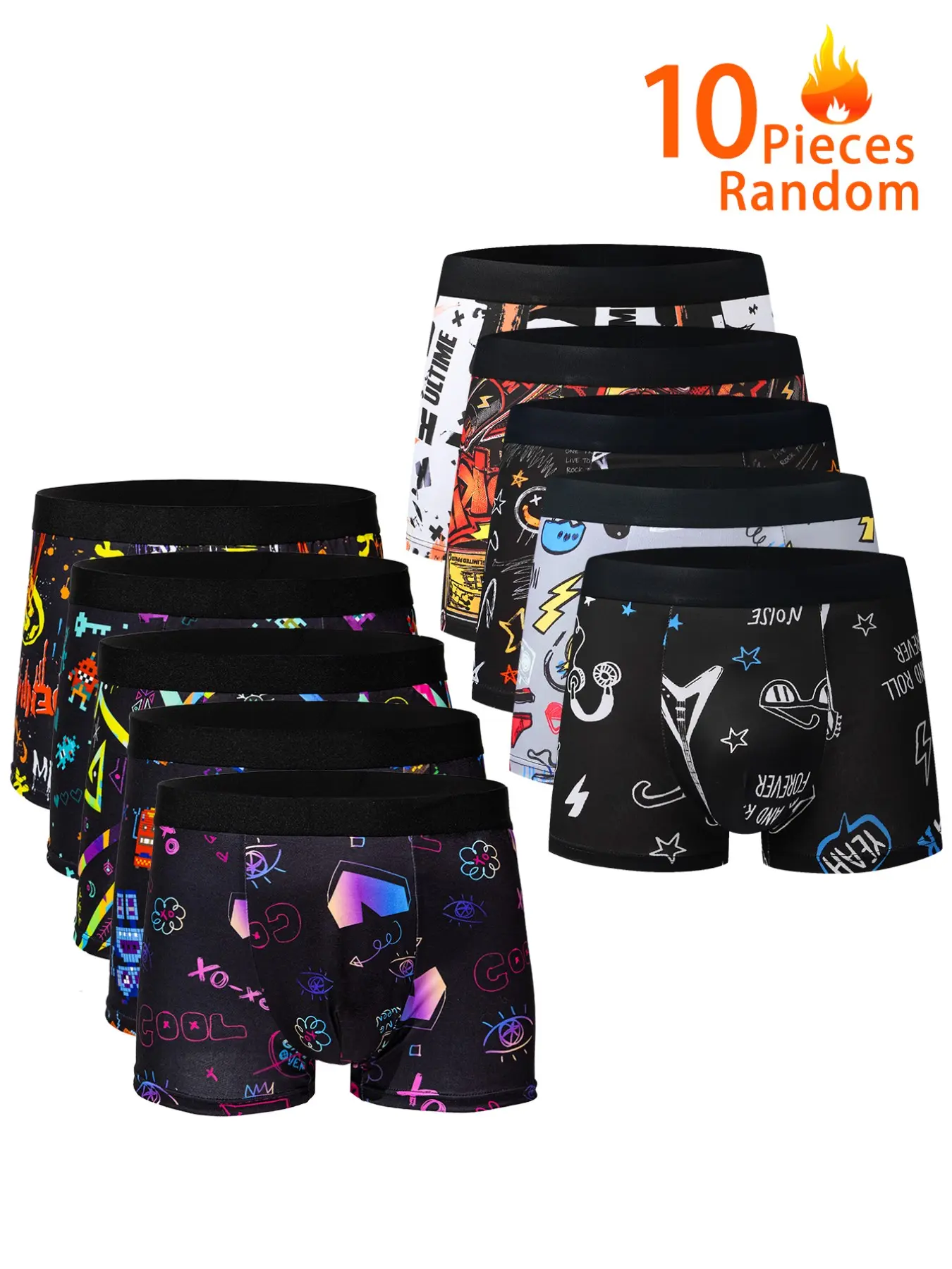 10 Pcs Men's Hip-Hop Style Boxer Briefs, Geometric Print, Slim Fit, High Elasticity, Streetwear Design, All-Season Wear, Menswear
