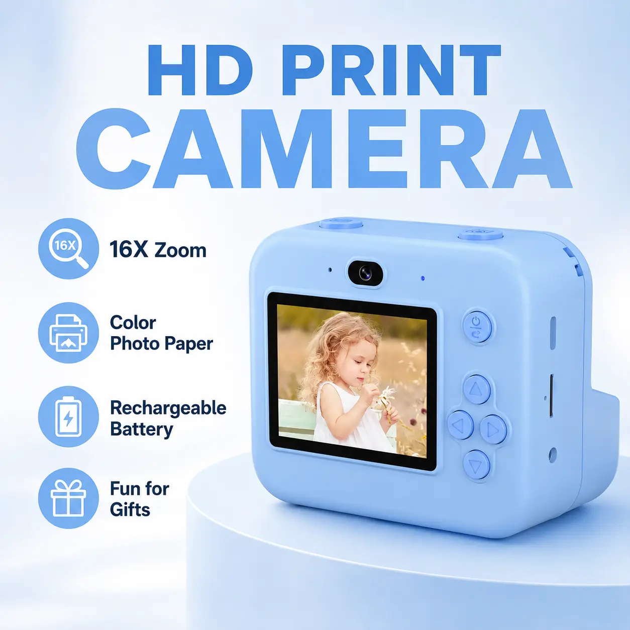 HD Instant Printing Camera with 16X Zoom Lens, Portable Digital Camera & Color Photo Printer Combo, Includes SD Card and Multi-Color Print Paper for Travel, Parties & Memories