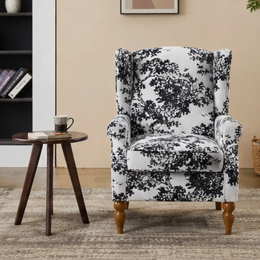 ARCH Vintage Luxury Wingback Armchair & Coffee Table Set, Solid Rubberwood Frame, Antique White-Gray Polyester Upholstery, High-Back Scroll Arms, Roman Column Legs, for Living Room, Office, 1 Table + 1 Chair