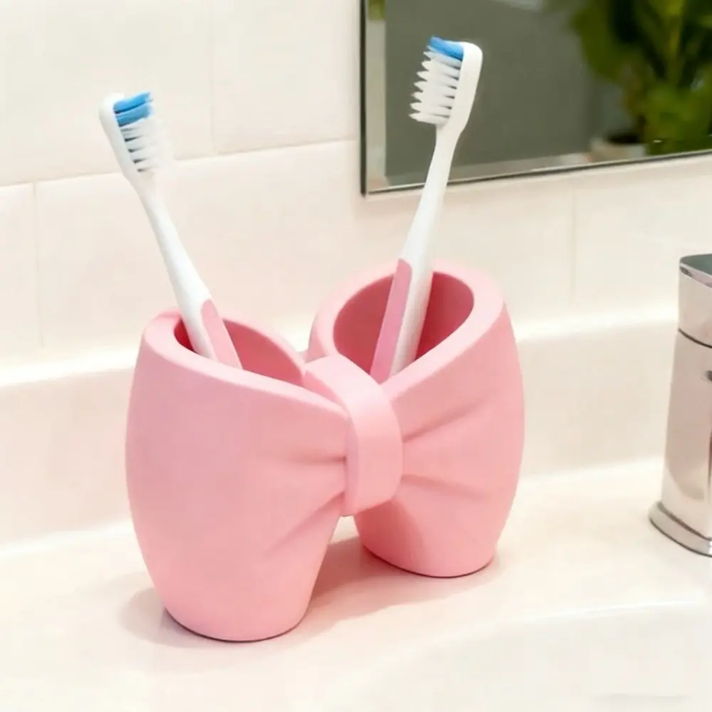 Cute Bow Accent Organizer, Decorative Plastic Stand for a Bathroom Vanity or Desk, Multipurpose Holder for Pens and Toothbrushes