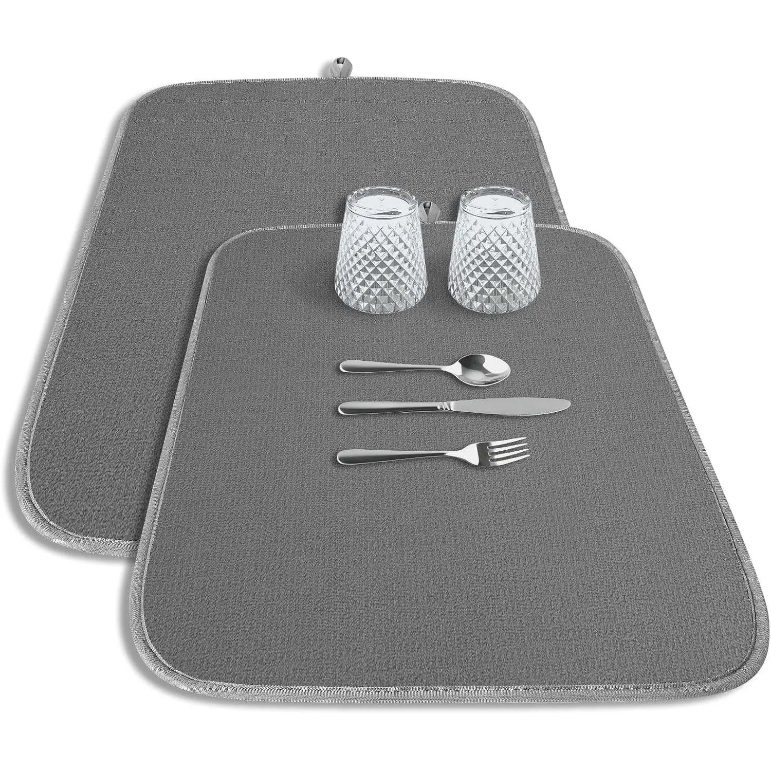 Dish Drying Mat - 2-Pack Washable Microfiber Drying Mat for Kitchen Counter, 3-Layer Ultra Absorbent Pad with a Hanging Hook, 20" x 14", Dark Grey