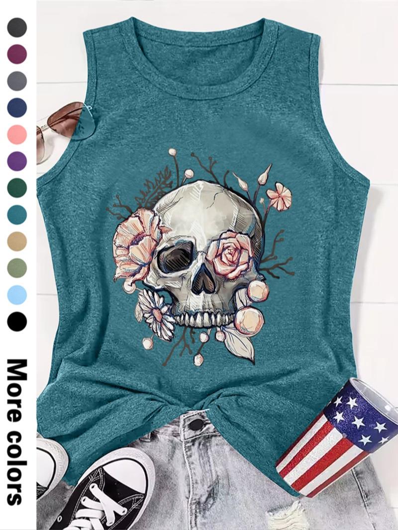 Women's Halloween Floral & Skull Print Round Neck Tank Top, Casual Sleeveless Crew Neck Top for Summer, Ladies Clothes for Daily Wear