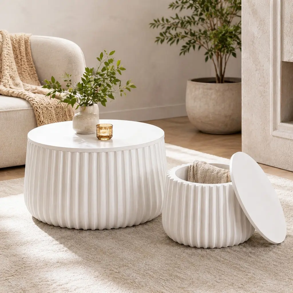 White Round Nesting Coffee Tables Set - Stylish Accent Indoor Living Room Furniture, 46.46x26.77x15.35in, 47.50lbs, Lift-Off Lid, Curved Edges, Fully Assembled, Storage, Minimalist Design, Nesting Tables