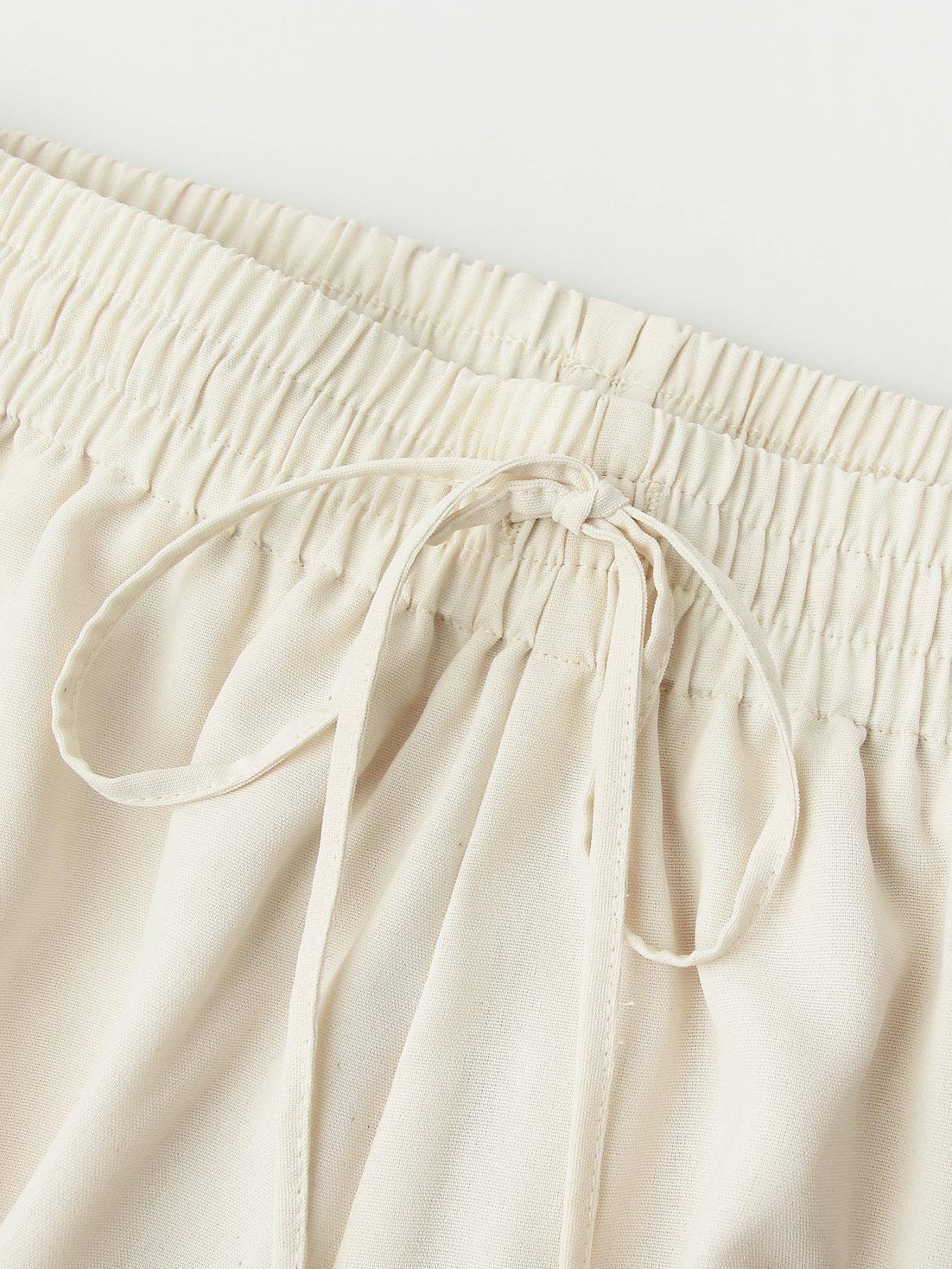 Women's Solid Ruffle Trim Blouse & Shorts Two-Piece Set, Casual Bishop Sleeve Long Sleeve Top & Shorts for Daily Wear, Ladies Two-piece Outfits for Summer