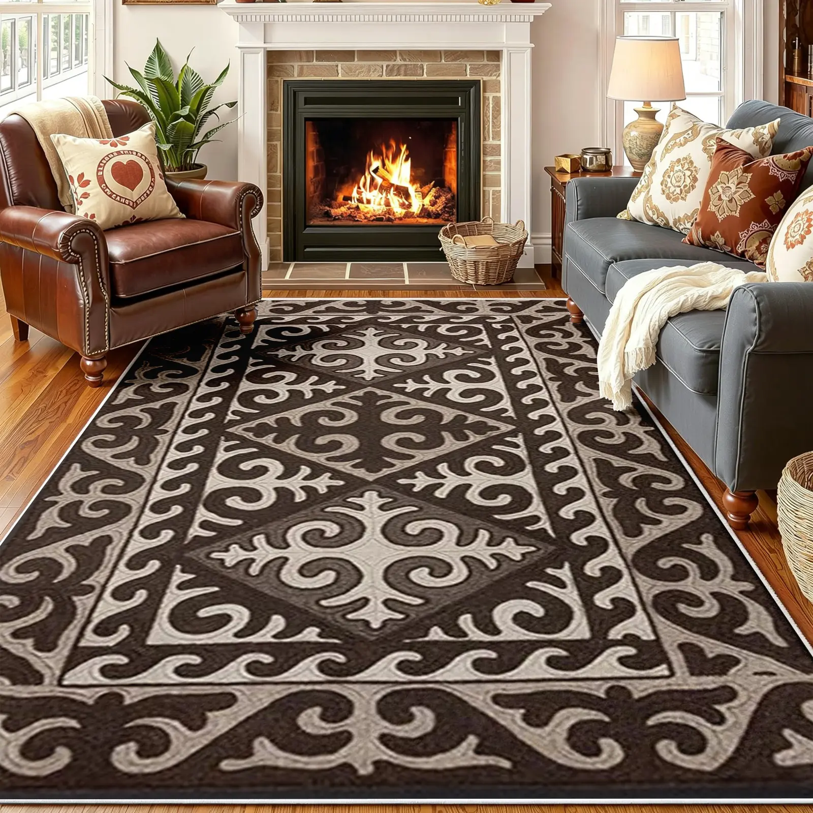 Embossed Relief Area Rug, Dark Brown & Cream Base with Central Diamond Tribal Motif and Continuous Scroll Border, Non-Slip Washable Carpet, Soft Durable Floor Mat, Aesthetic Rugs for Living Room Bedroom Home Decor, 8 x 10 ft Area Rugs