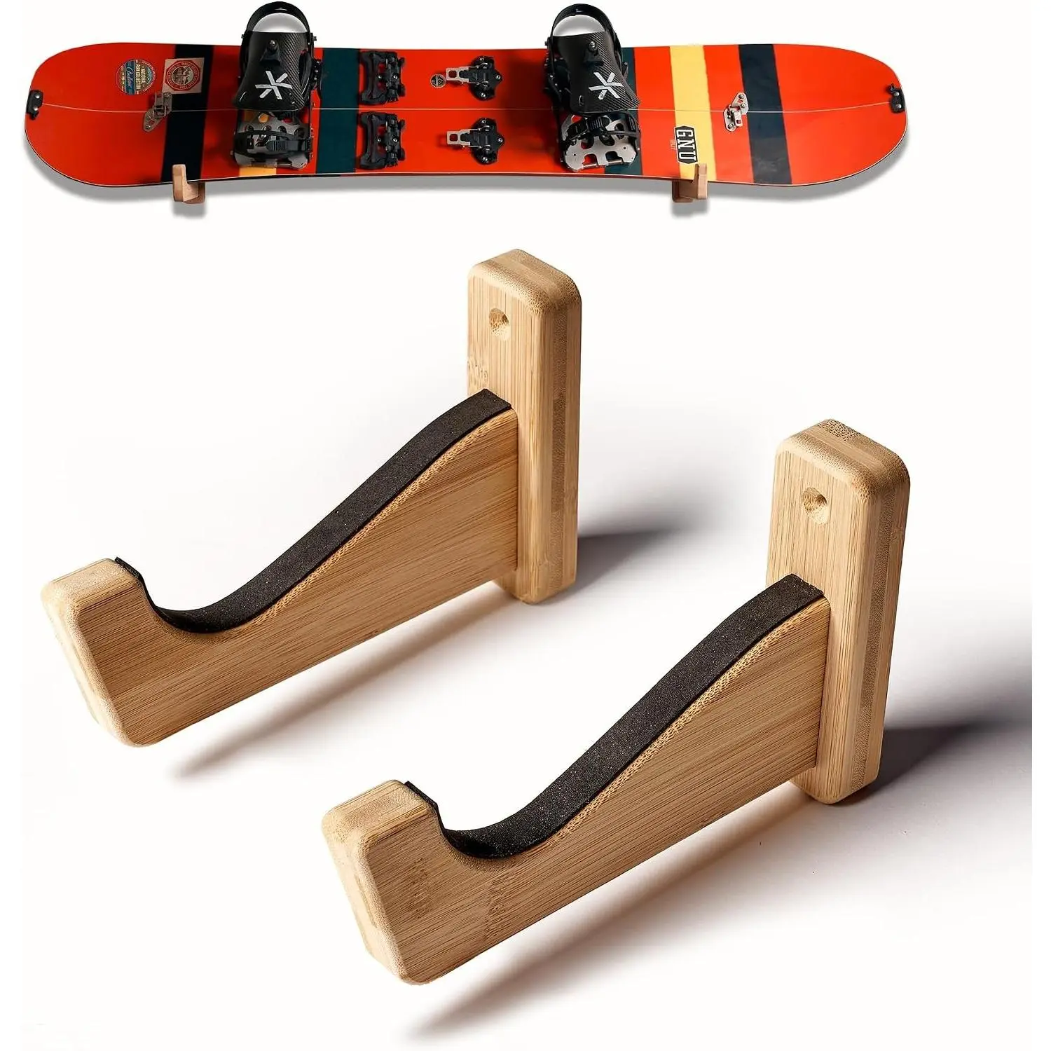 Premium Solid Bamboo Snowboard Rack Holder, Heavy-Duty Wall-Mount Storage & Display Unit, Fits All Boards with Bindings, Home Garage Use, Fits Bindings