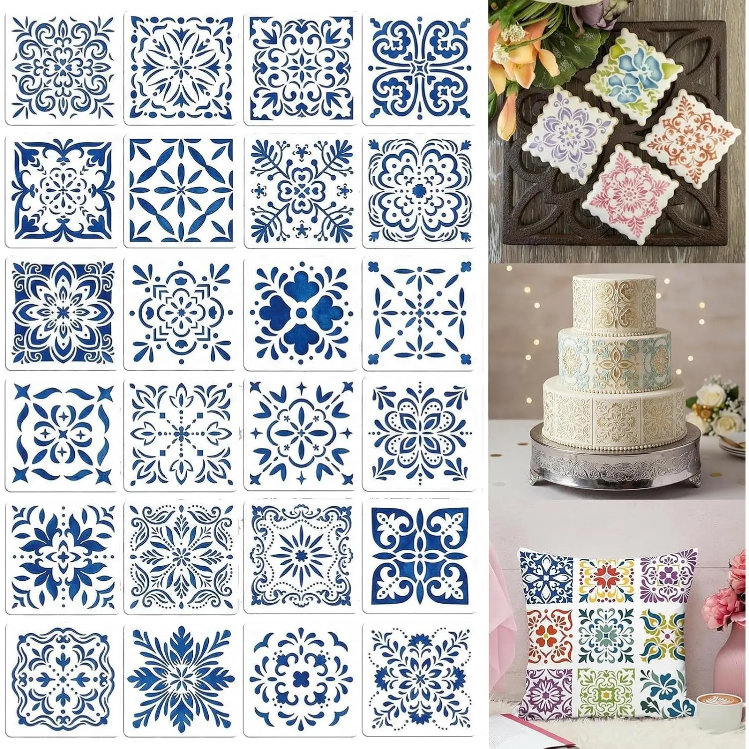 24 Pack Scroll Tile Stencils, 4 Inch Reusable Moroccan Scroll Tile Stencils for Painting Floors, Walls, Furniture, Crafts, Cake Decorating - Azulejo Tile Pattern Templates for DIY Home Decor & Baking