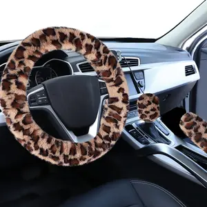 Fuzzy Car Steering Wheel Cover, Universal Fit Fur Auto Wheel Cover & Handbrake Cover & Gear Shift Cover Set, Leopard Warm Fluffy Vehicle Wheel Protector Car Accessories for Men Women (Brown)