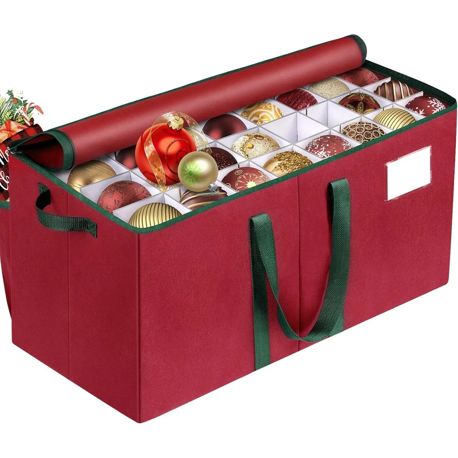 Christmas Ornament Storage Box, Store Up to 128 Ornaments, Durable Christmas Storage Container, Dual Zipper & Adjustable Large Organizer Bin to Protect and Store Holiday Ornaments (Red)