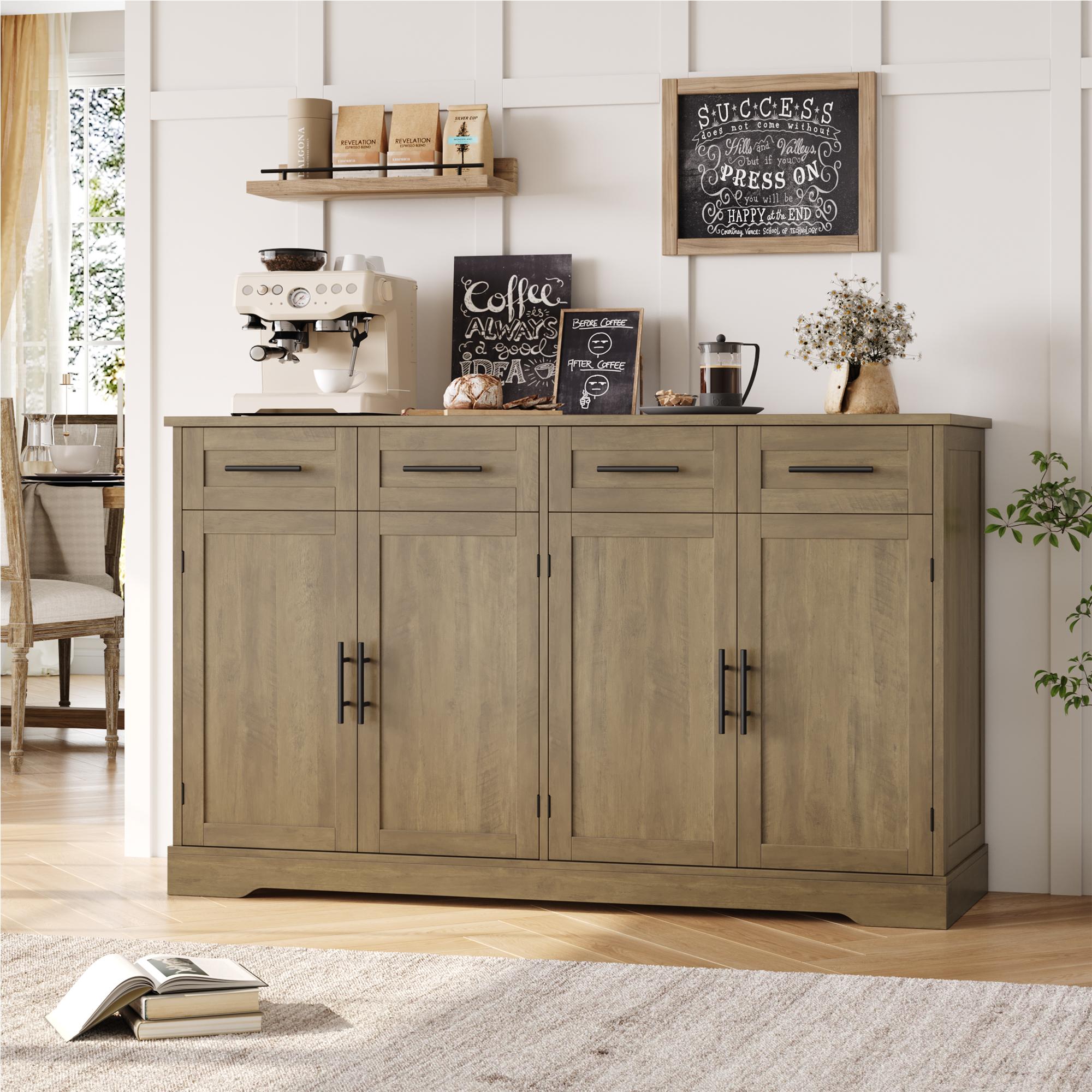 【2 packages shipping 】HOSTACK Buffet Sideboard with Storage, Kitchen Buffet Storage Cabinet with 4 Drawers, Modern Coffee Bar Cabinet with Gold Handles, Long Sideboard Buffet Table for Kitchen