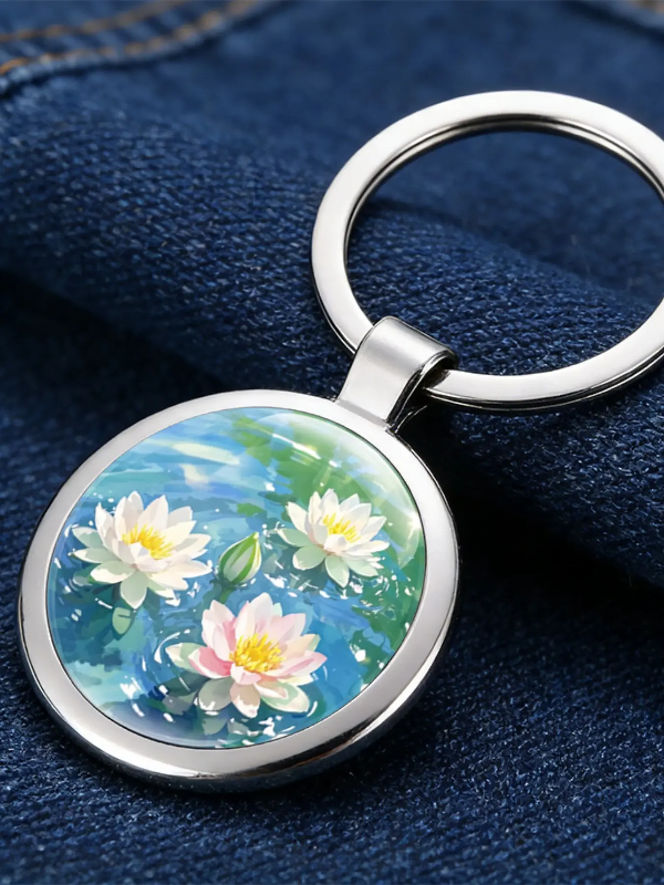 Watercolor Lotus Keychain, 2D Flat Pattern, Shiny Metal Alloy Accessory, Fashionable Gift for Friends, Colleagues, Any Occasion