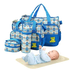 Diaper Bag Tote Set, 5PCS Baby Bags  Mom and Dad – Large Maternity Travel Bag with Insulated Bottle Holder, Food Bag & Portable Changing Pad, Waterproof Baby Essentials Organizer (Blue)