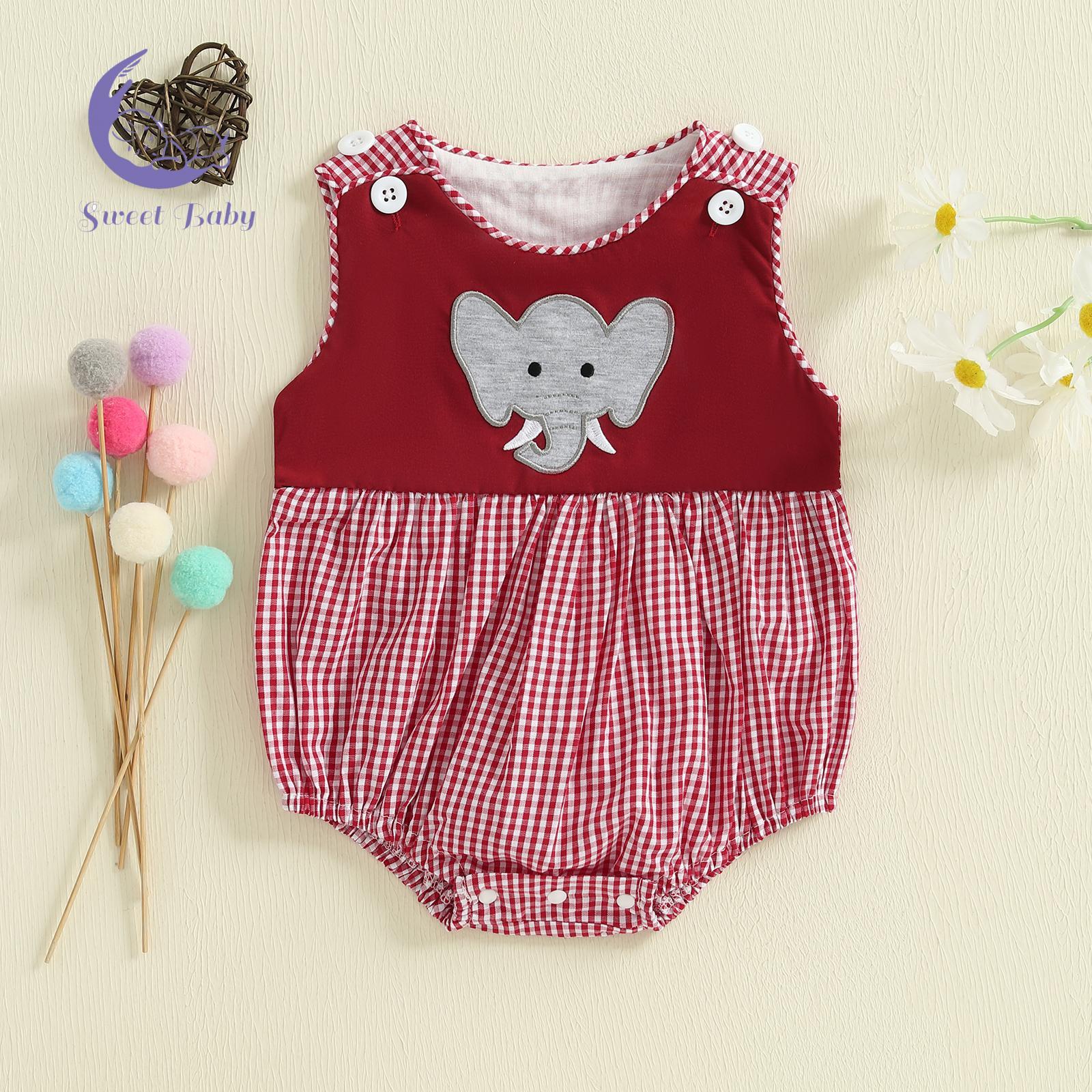Baby Boy Sleeveless Round Neck Summer Romper Overalls, Animal Embroidery, Plaid Print Jumpsuit