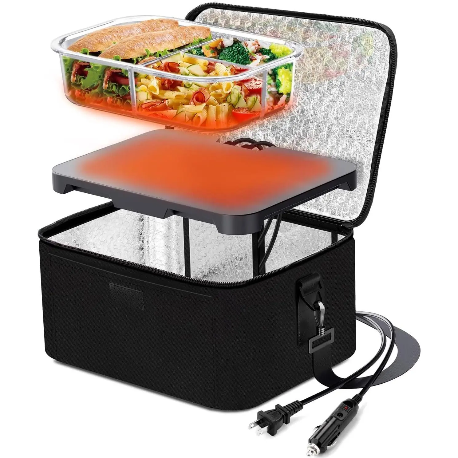 Electric Lunch Box  Heater - 12V/24V/110V 3-in-1 Portable Oven &  Warmer, Heated Lunch Box for Adults, Cook, Reheat, Keep Meals Warm for , , Office, Travel,  - Black