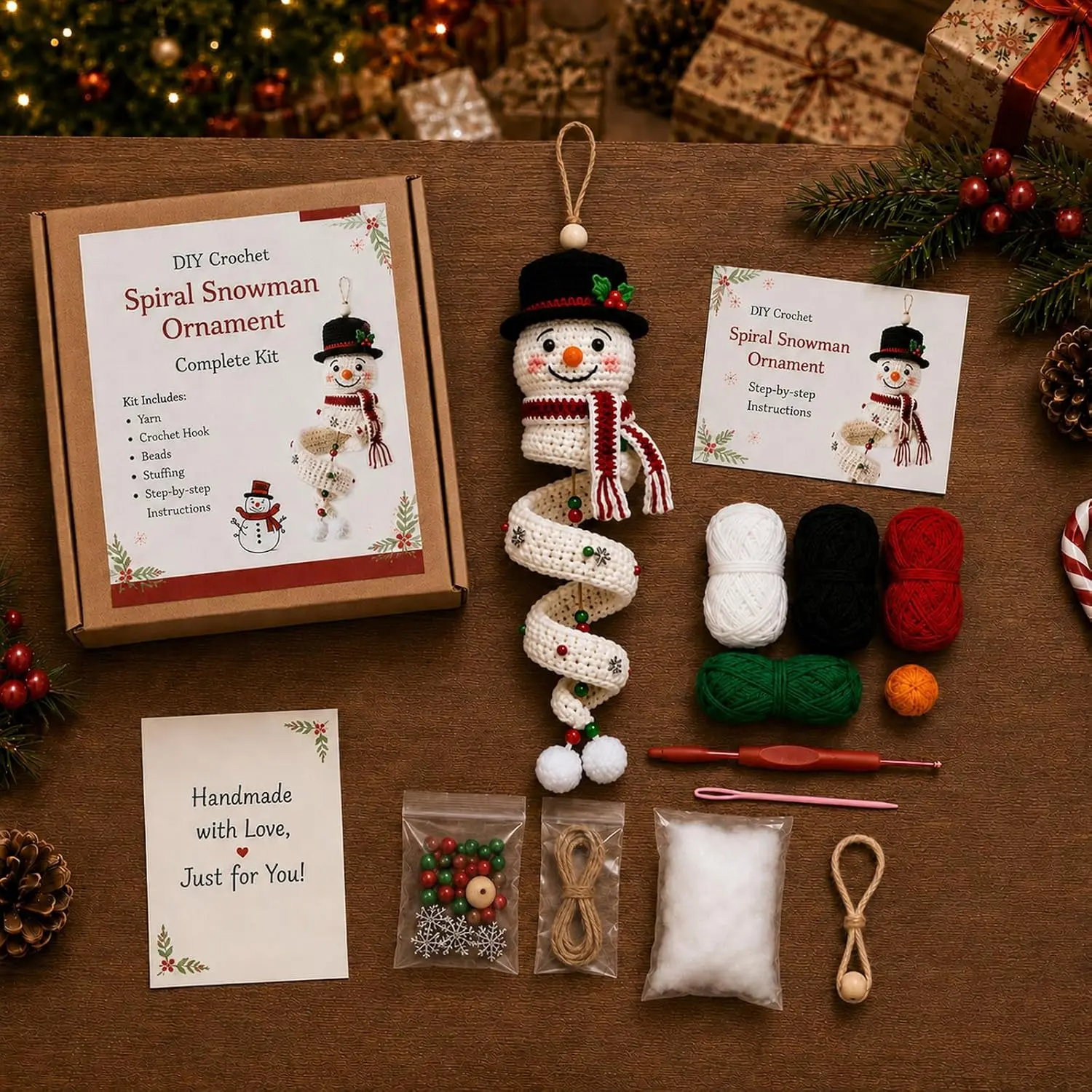 KTMIES DIY Spiral Crochet Snowman Kit, Christmas Hanging Ornament Craft for Adults, Handmade Holiday Tree Decor and Winter Gift (White, Crochet Kit)