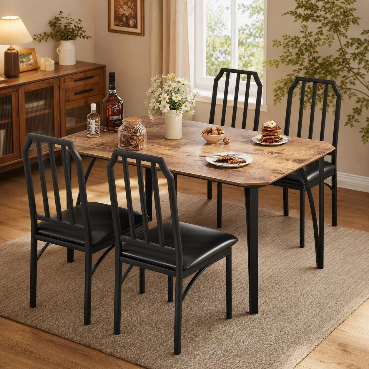 Compact Dining Table Set for 2 or 4 with PU Upholstered High Back Chairs and Metal Frame, Featuring MDF Top, Easy Assembly, Perfect for Small Spaces and Apartments in Rustic Brown and Black