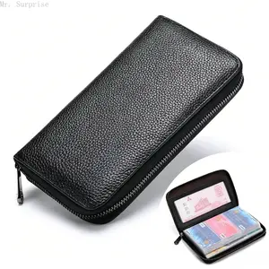 Men Pebbled PVC Leather Zipper Card Wallet 60 Slots 2 ID Windows Large Capacity Multifunctional Card Storage Organizer Fashion Accessory