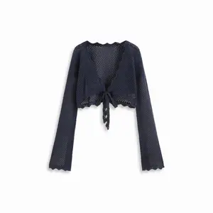 Cider Knit Crochet Hollow Out Bell Sleeve Knotted Oversized Cardigan Dealsforyou