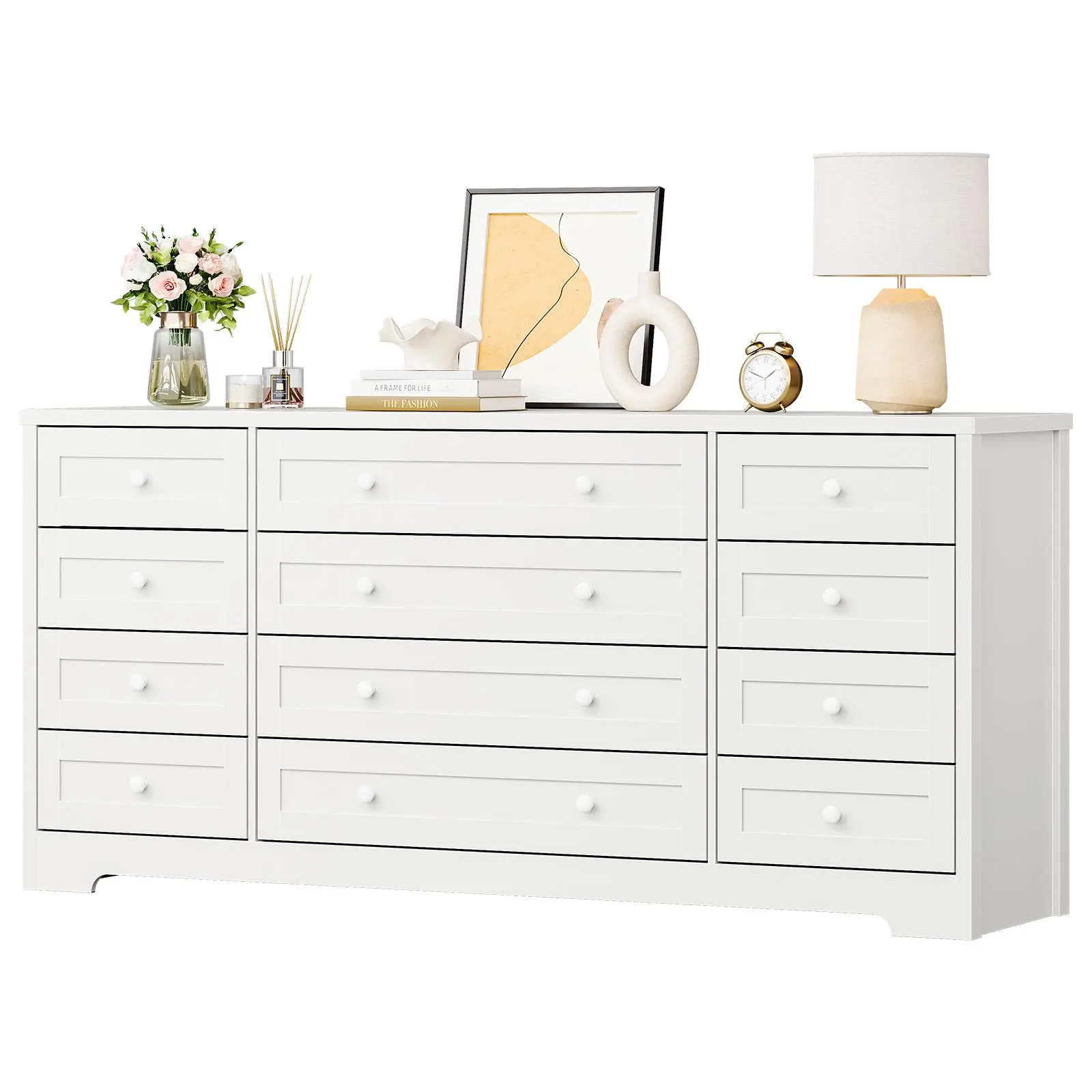 12-Drawer Wood Dresser – 63" Wide, Modern Style | Large Capacity Storage, TV Stand for 65" TV | For Bedroom, Living Room, Hallway | Sturdy Wood, Deep Drawers | Easy Assembly | Multi-Functional Chest of Drawers | Home Organization Furniture