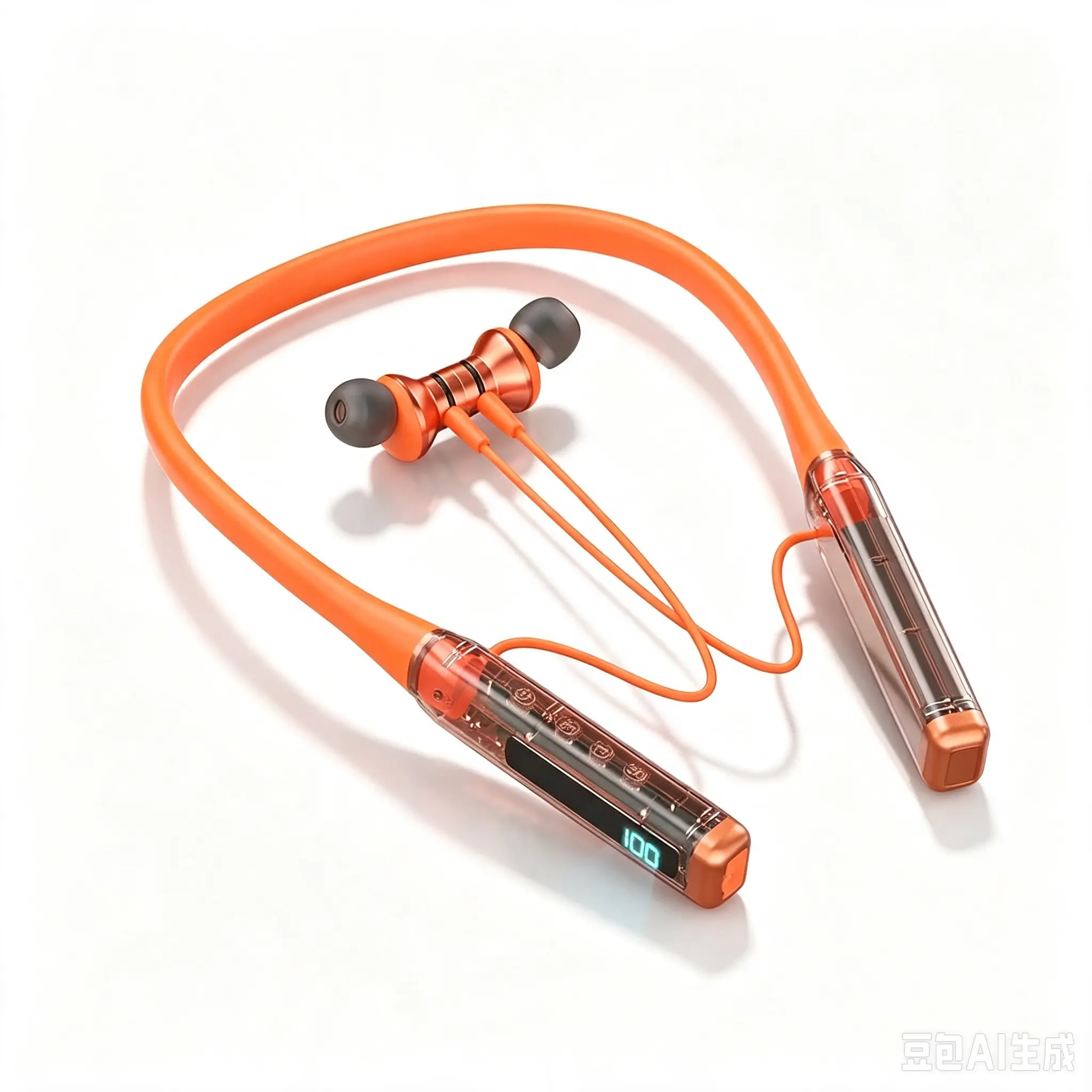 Transparent Orange Neckband Bluetooth Earphones - Bluetooth 5.3, TF Card MP3 Playback, LED Digital Power Display, Type-C Fast Charging, HiFi Stereo Bass, Noise Cancelling Mic, Sports Wireless Neck-Hanging In-Ear Headphones