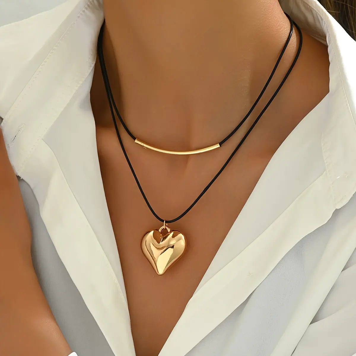 1 piece/2 pieces of fashionable and simple black cord velvet curved tube geometric heart pendant double-layer necklace