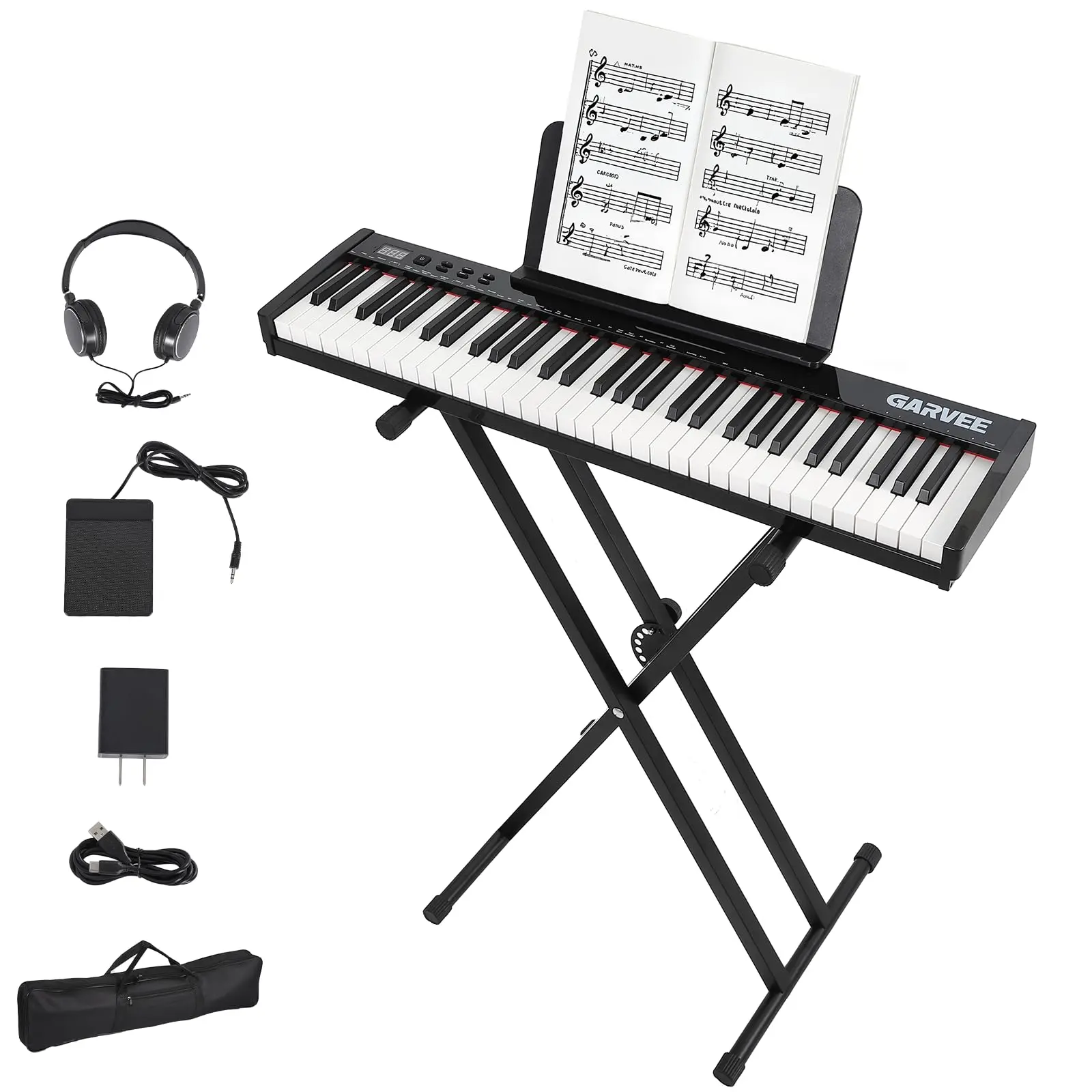 61-Key Semi-Weighted Digital Piano Keyboard – 128 Tones, 128 Rhythms, 80 Sample Songs – Portable Electronic Piano with Stand, Power Adapter, USB MIDI – Ideal for Beginners & Professionals – Black