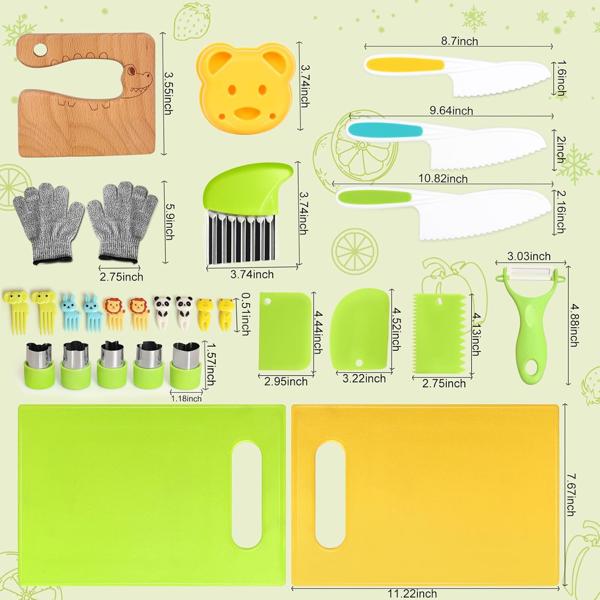 28PCS Knife Set - Kids Knifes for Real Cooking, Montessori Kids Kitchen Knife Set with Cutting Board Crinkle Cutters Kid Safe Knives, Kitchen Tools  Old Girl Boy