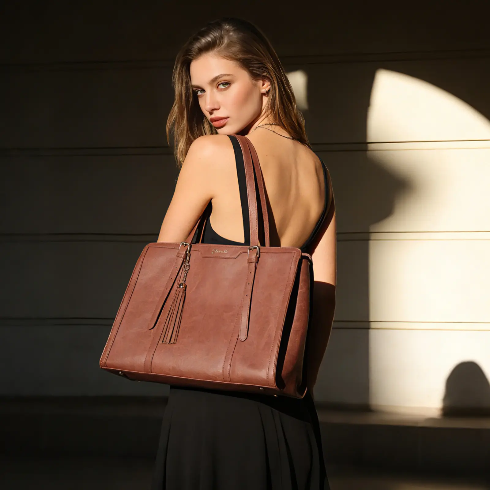 Women’s Vintage Leather Work Tote Bag - 15.6 in Laptop Fit, Large Capacity, Tassel Accent, Adjustable Crossbody Strap, Matching Purse, Work Travel Business Office Handbag