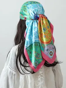 Women's Fashion Vintage Pattern Satin Scarf, 90x90cm Square Silk Bandana, All-Season Travel Headwrap, Multi-Purpose Hair Tie