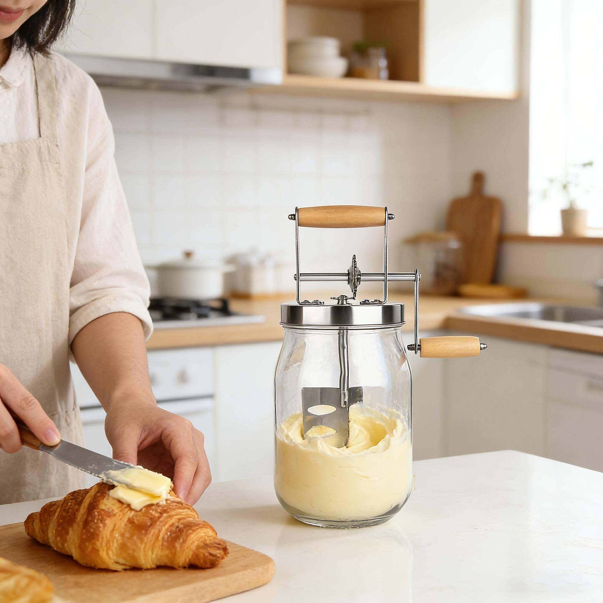 Handheld Butter Churner with Wooden Handle and Stainless Steel Gears, Handheld Butter Mixer, Milkshake Blender, Baking Tool Butter Maker