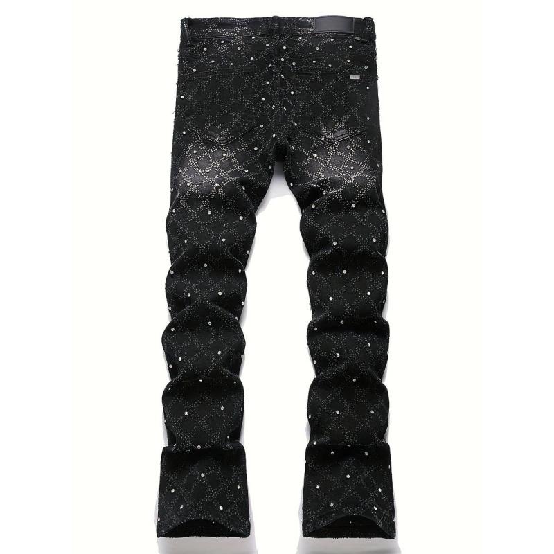Y2K Men's Shiny Rhinestone Embellished Stretch Slim-Fit Jeans, Casual Street Style Hip-Hop Skateboarding Rap Pants, Machine Washable - All-Season Wear