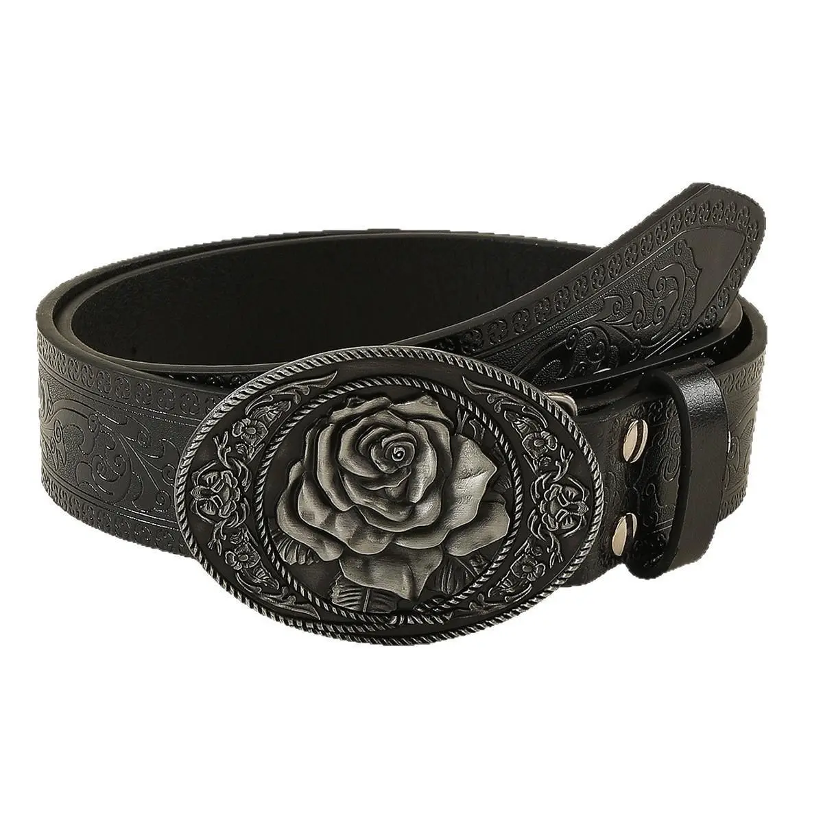Men's Durable Belt with Buckle, Casual PU Leather with a Tooled Flower Motif, Classic Fashion Accessory
