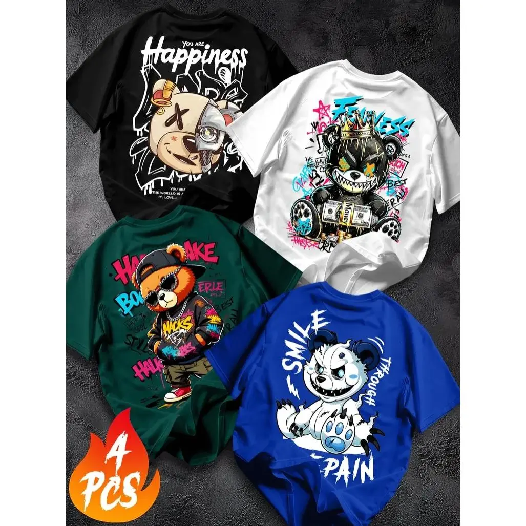 Unisex 4-Pack Round Neck Shortsleeve Graphic Print T-Shirts - American High Street Graffiti Bear Design, Loose Fit Streetwear Tops for Leisure, Outdoor Activities
