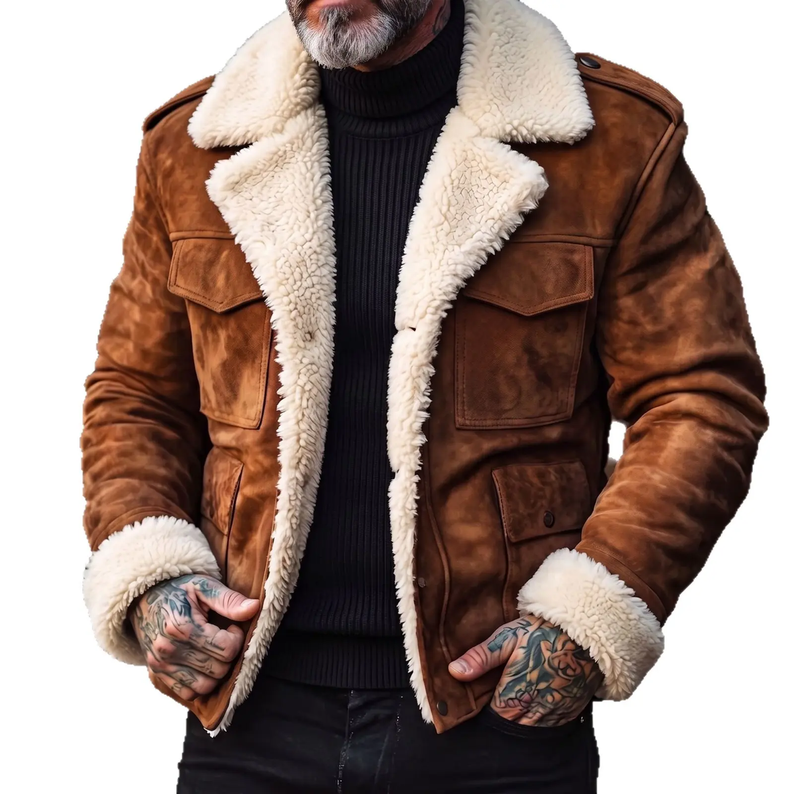 Men's Faux Suede Sherpa Lined Jacket, Thick Warm Winter Coat with Fleece Collar and Cuffs, Vintage Casual Outerwear for Men