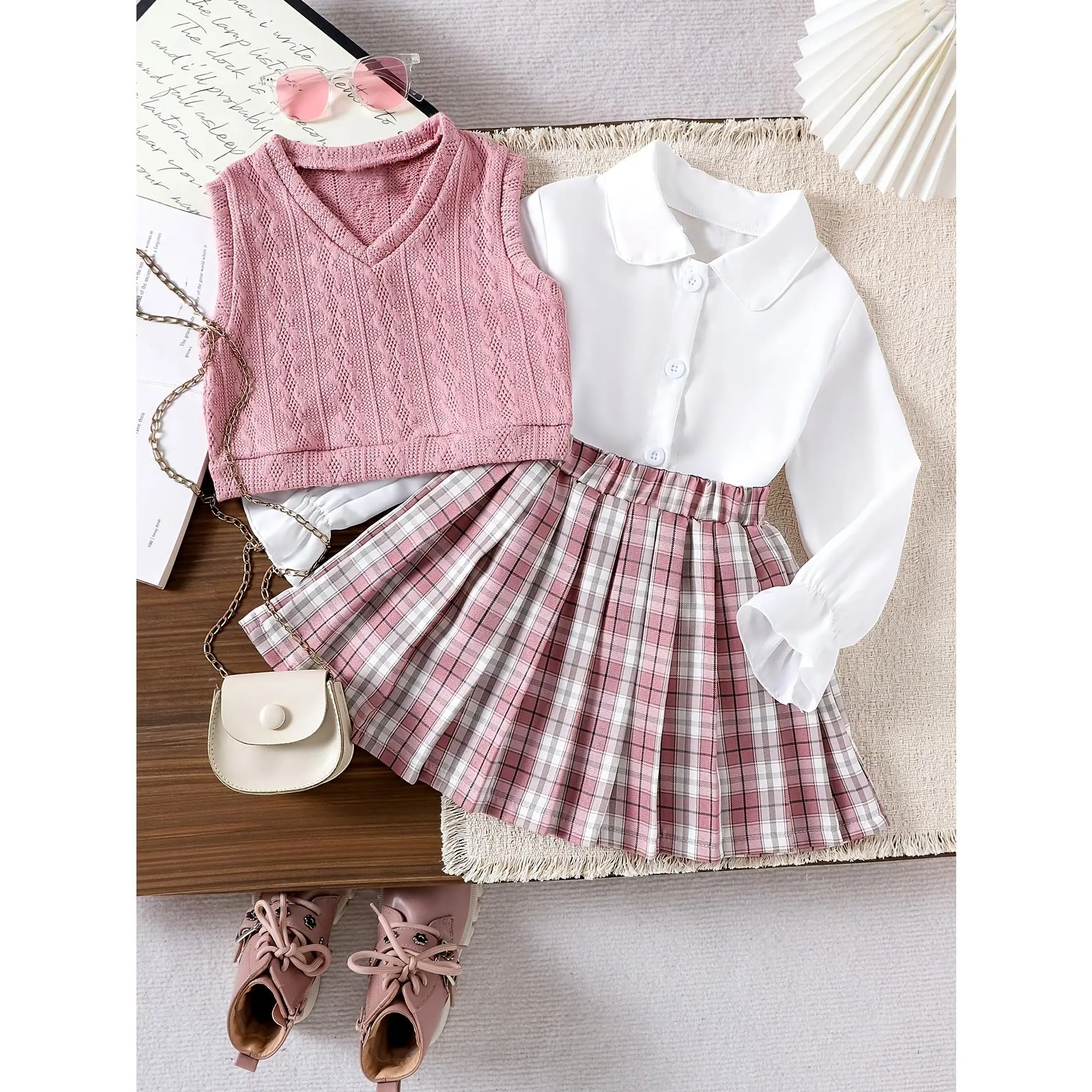 Girls' Spring Autumn Preppy Style 3pcs Set, White Collared Puff Sleeve Long Shirt, Pink V-Neck Vest, And Pink Checkered Pleated Skirt, Girly Outfit Perfect for Daily Wear, for Outdoor