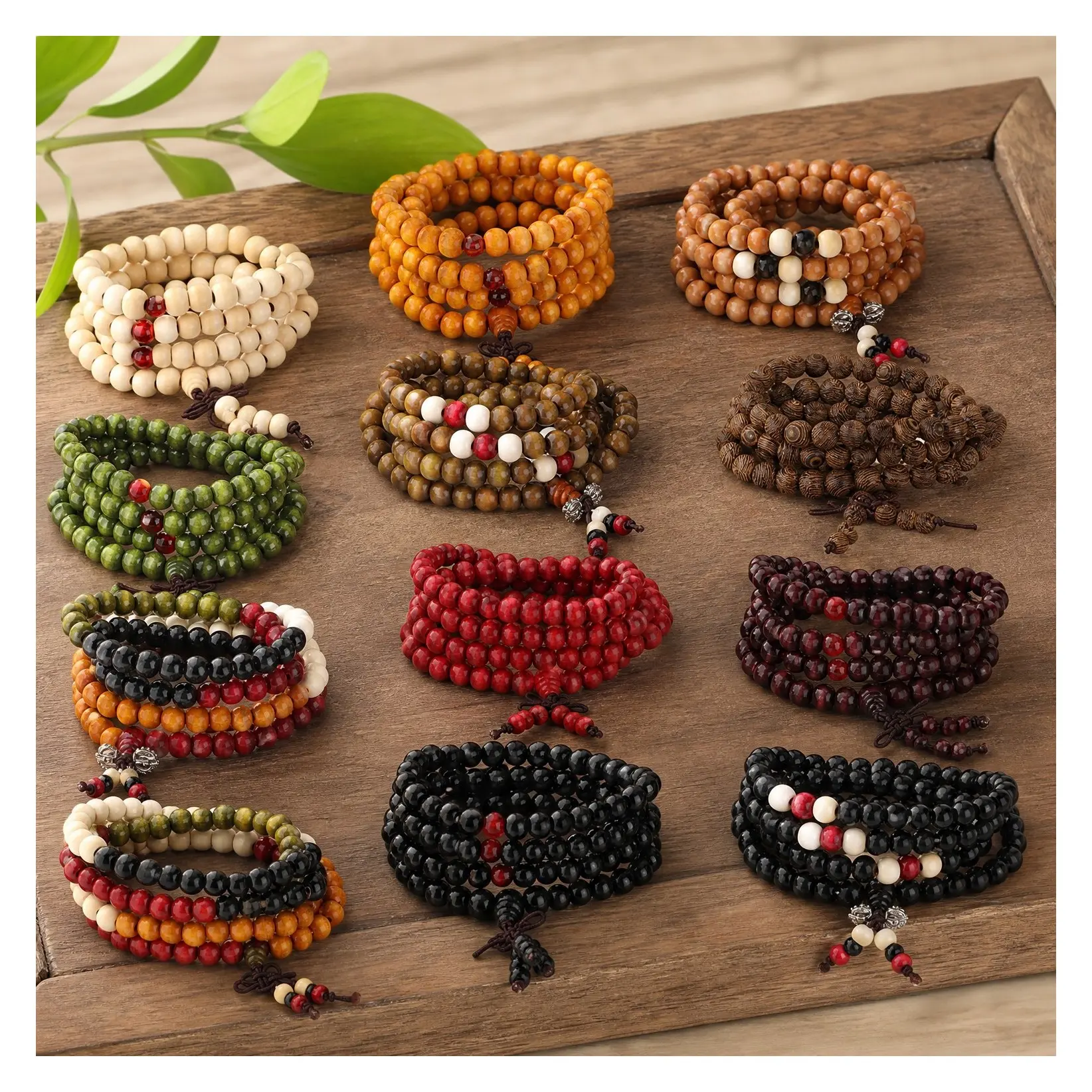 108 Mala Beads 8mm Sandalwood Buddhist Prayer Bracelet Necklace Elastic Handmade Multilayer Tibetan Meditation Jewelry 12PcsGift