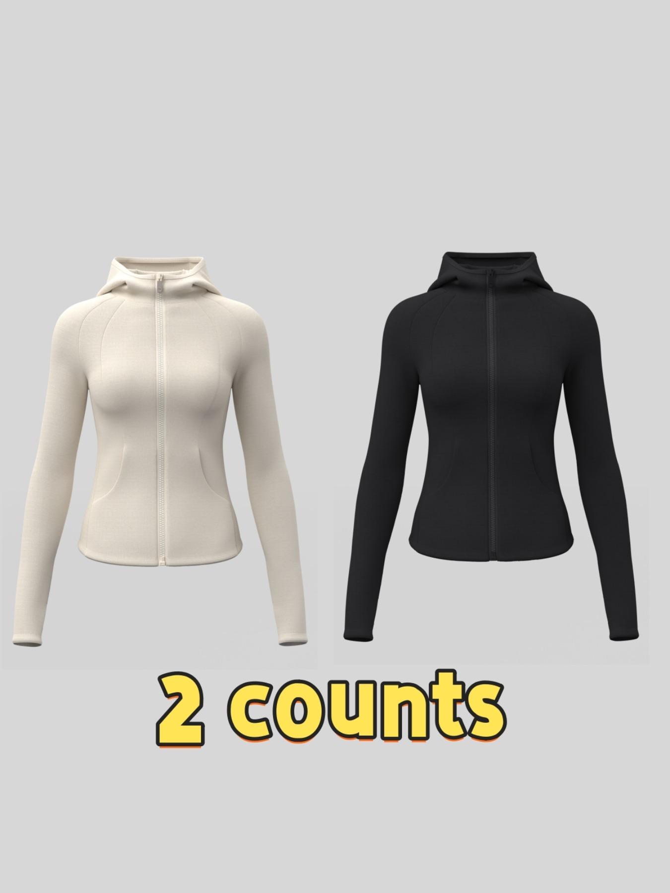 Women's Solid Color Thumb Hole Design Long Sleeve Zip Up Hooded Sports Jacket, High Stretch Sporty Comfortable Breathable Raglan Sleeve Pocket Hooded Jacket for Women, Ladies Sportswear for Indoor Outdoor Wear, Sporty Breathable Outerwear